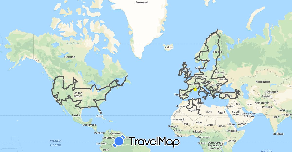 TravelMap itinerary: driving, motorbike in Albania, Armenia, Austria, Bosnia and Herzegovina, Belgium, Bulgaria, Canada, Switzerland, Czech Republic, Germany, Algeria, Spain, Finland, France, United Kingdom, Georgia, Guernsey, Gibraltar, Greece, Croatia, Hungary, Ireland, Isle of Man, Italy, Jersey, Liechtenstein, Lithuania, Luxembourg, Latvia, Moldova, Montenegro, Macedonia, Malta, Netherlands, Norway, Poland, Portugal, Romania, Serbia, Sweden, Slovenia, Slovakia, San Marino, Tunisia, Turkey, Ukraine, United States, Kosovo (Africa, Asia, Europe, North America)