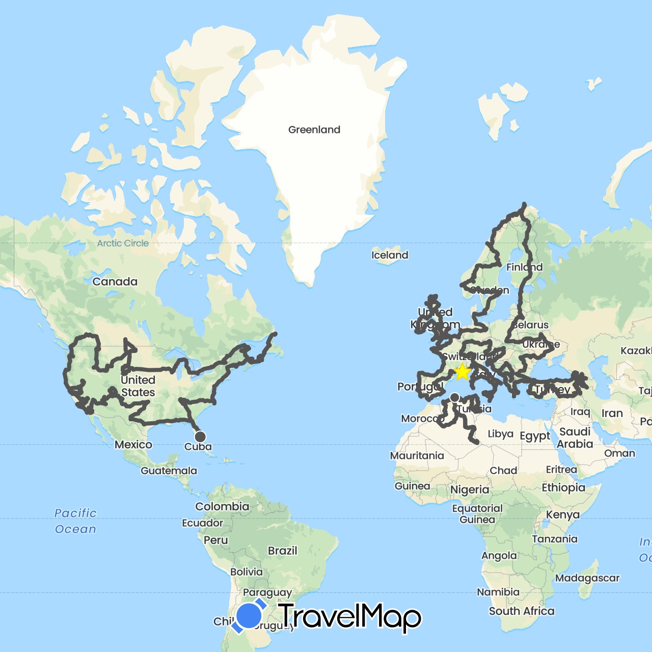 TravelMap itinerary: driving, motorbike in Albania, Armenia, Austria, Bosnia and Herzegovina, Belgium, Bulgaria, Canada, Switzerland, Czech Republic, Germany, Algeria, Spain, Finland, France, United Kingdom, Georgia, Guernsey, Gibraltar, Greece, Croatia, Hungary, Ireland, Isle of Man, Italy, Jersey, Liechtenstein, Lithuania, Luxembourg, Latvia, Moldova, Montenegro, Macedonia, Malta, Netherlands, Norway, Poland, Portugal, Romania, Serbia, Sweden, Slovenia, Slovakia, San Marino, Tunisia, Turkey, Ukraine, United States, Kosovo (Africa, Asia, Europe, North America)