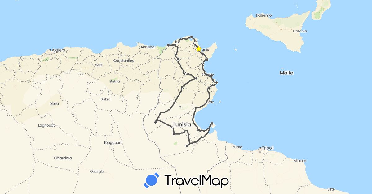 TravelMap itinerary: driving, motorbike in Tunisia (Africa)