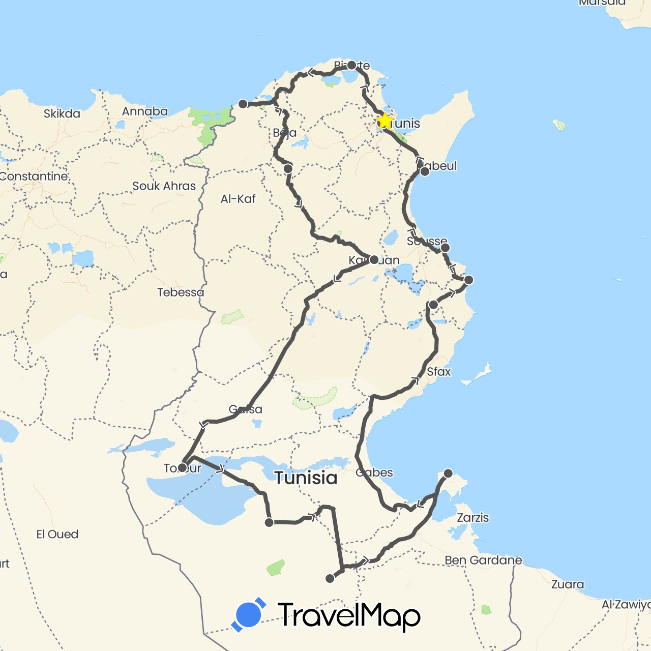 TravelMap itinerary: driving, motorbike in Tunisia (Africa)