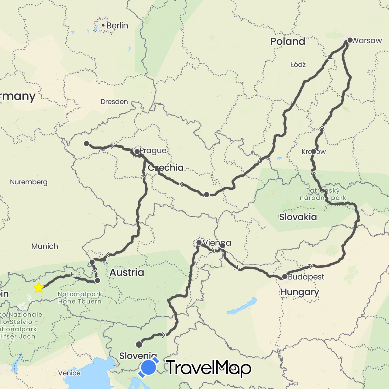 TravelMap itinerary: driving, motorbike in Austria, Czech Republic, Hungary, Poland, Slovenia, Slovakia (Europe)