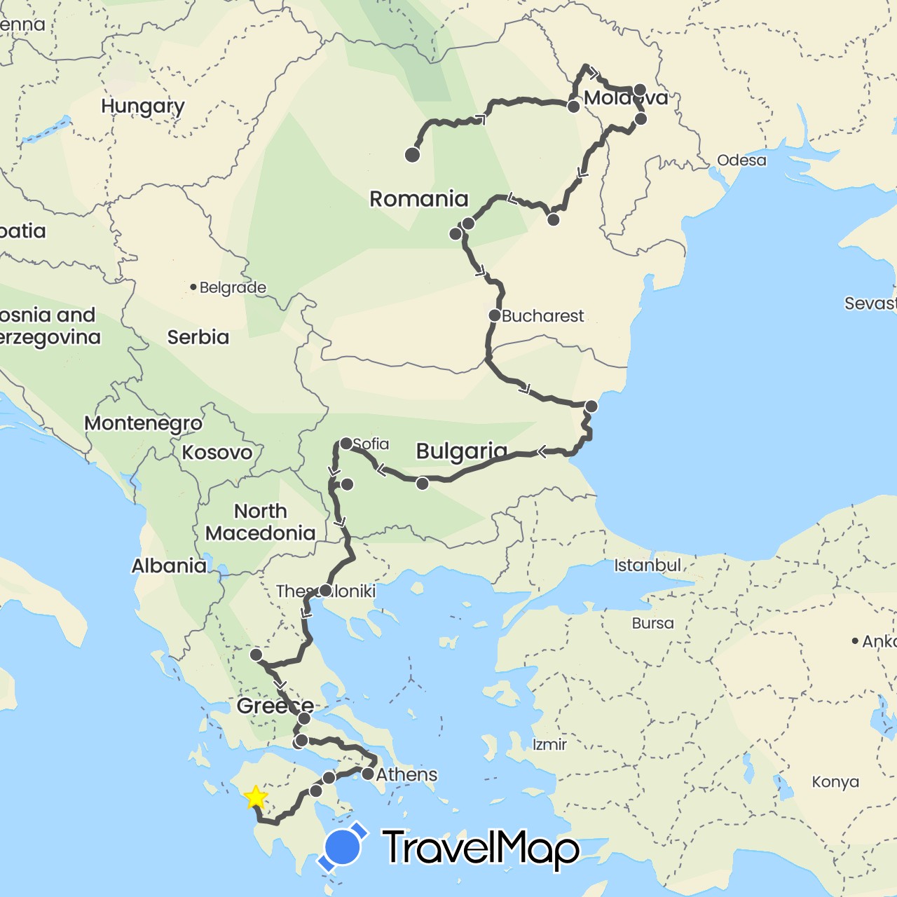 TravelMap itinerary: driving, motorbike in Bulgaria, Greece, Moldova, Romania (Europe)