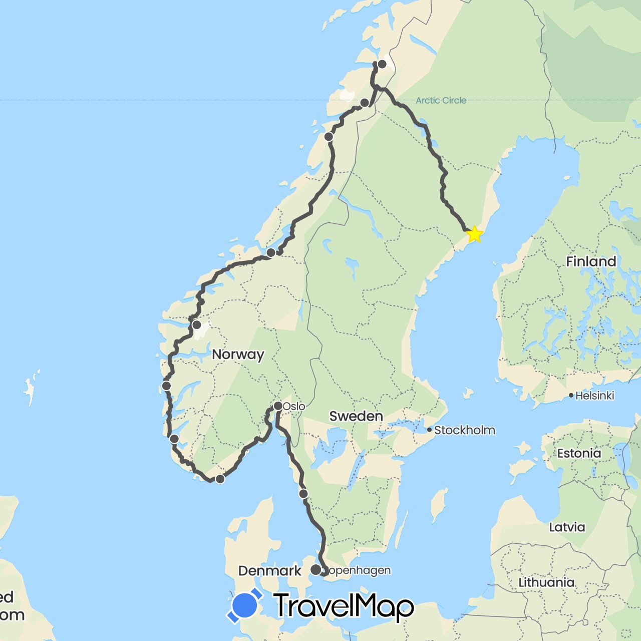 TravelMap itinerary: driving, motorbike in Denmark, Norway, Sweden (Europe)