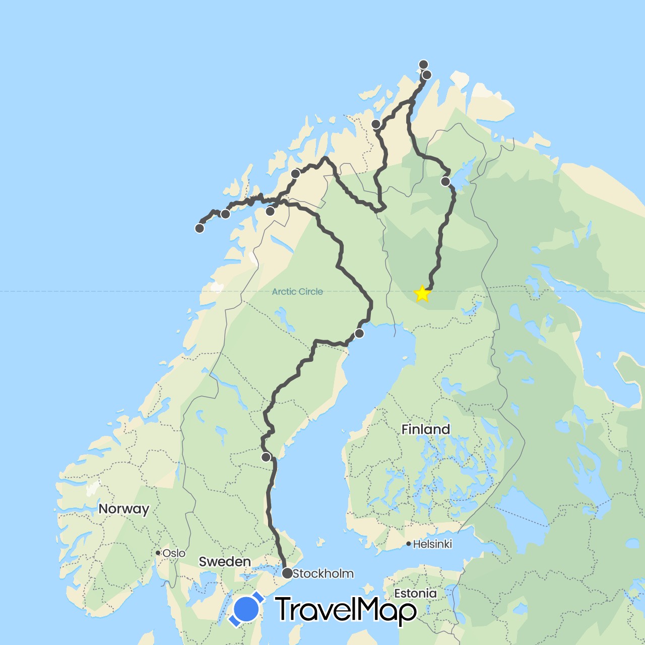 TravelMap itinerary: driving, motorbike in Finland, Norway, Sweden (Europe)