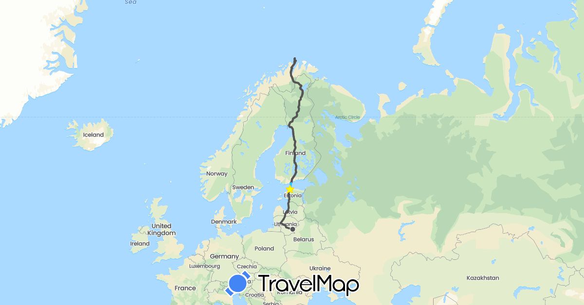 TravelMap itinerary: driving, boat, motorbike in Estonia, Finland, Lithuania, Latvia, Norway (Europe)