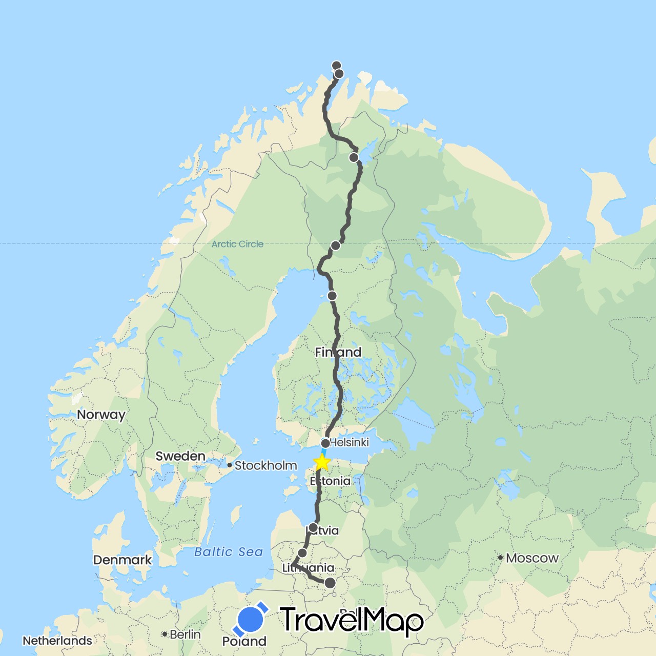 TravelMap itinerary: driving, boat, motorbike in Estonia, Finland, Lithuania, Latvia, Norway (Europe)