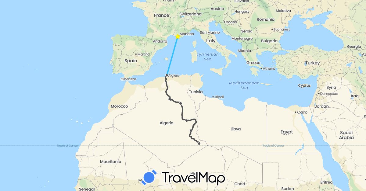 TravelMap itinerary: driving, boat, motorbike in Algeria, France (Africa, Europe)