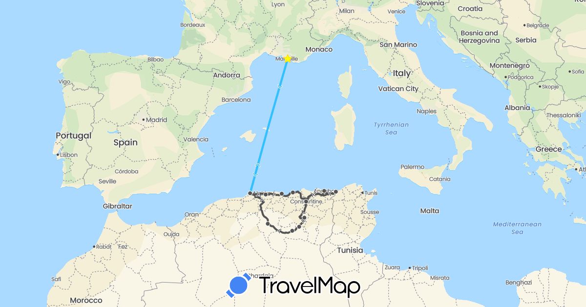 TravelMap itinerary: driving, boat, motorbike in Algeria, France (Africa, Europe)
