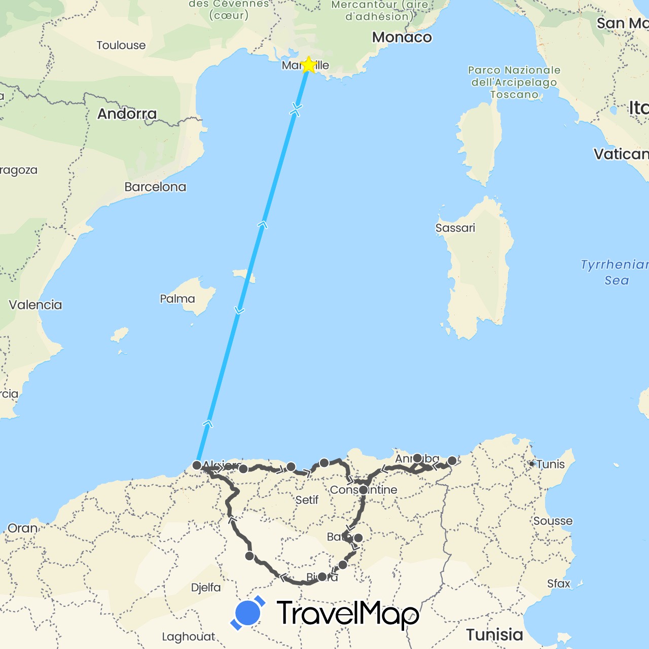 TravelMap itinerary: driving, boat, motorbike in Algeria, France (Africa, Europe)