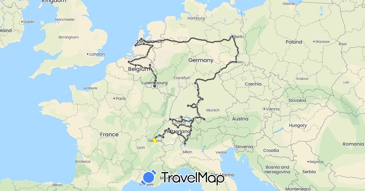 TravelMap itinerary: driving, motorbike in Belgium, Switzerland, Germany, Liechtenstein, Luxembourg, Netherlands (Europe)