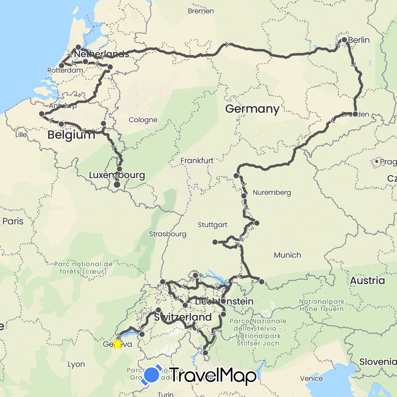 TravelMap itinerary: driving, motorbike in Belgium, Switzerland, Germany, Liechtenstein, Luxembourg, Netherlands (Europe)