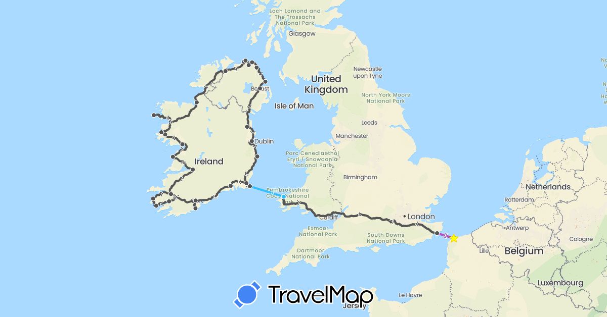 TravelMap itinerary: driving, train, boat, motorbike in France, United Kingdom, Ireland (Europe)