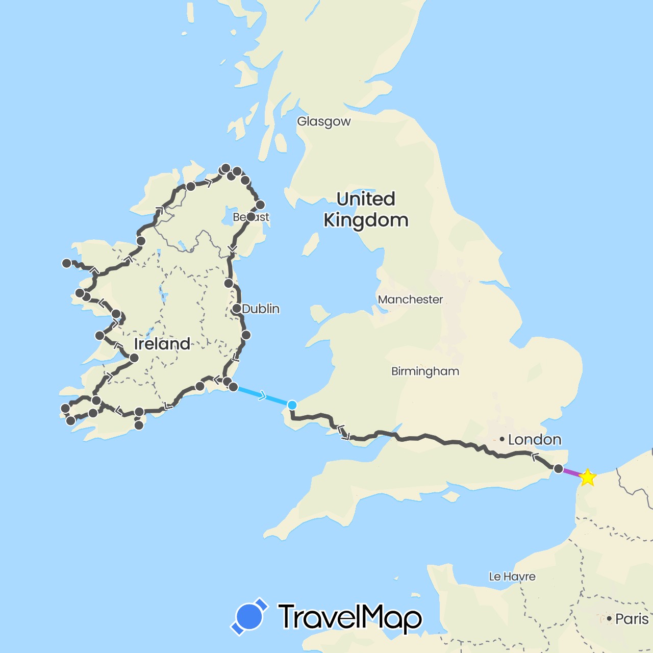TravelMap itinerary: driving, train, boat, motorbike in France, United Kingdom, Ireland (Europe)