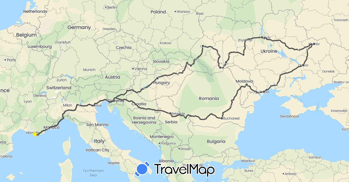 TravelMap itinerary: driving, motorbike in France, Hungary, Moldova, Romania, Serbia, Ukraine (Europe)
