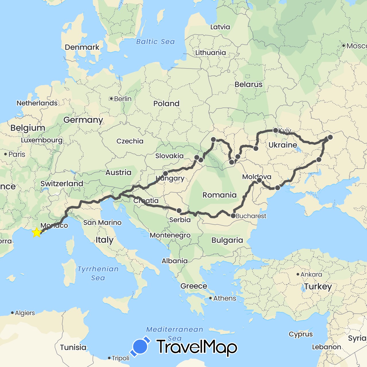 TravelMap itinerary: driving, motorbike in France, Hungary, Moldova, Romania, Serbia, Ukraine (Europe)